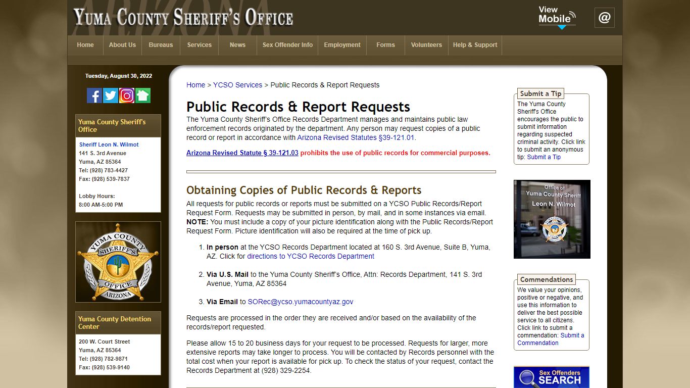 Yuma County Sheriff's Office: Public Records & Report Requests